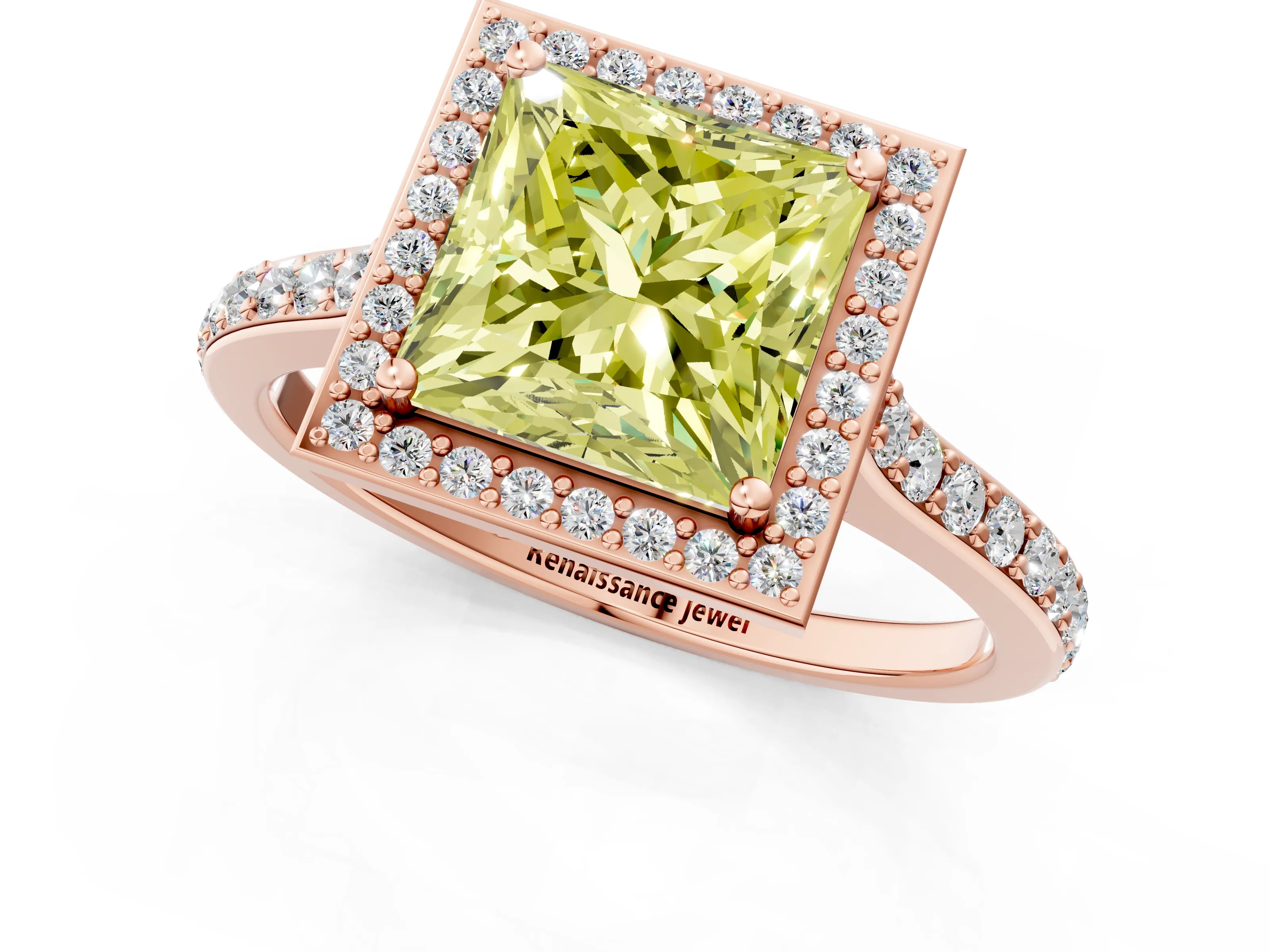 Rose gold Fancy Yellow Princess Cut Halo Round Diamond Pavé Band with Four-Prong Setting_16