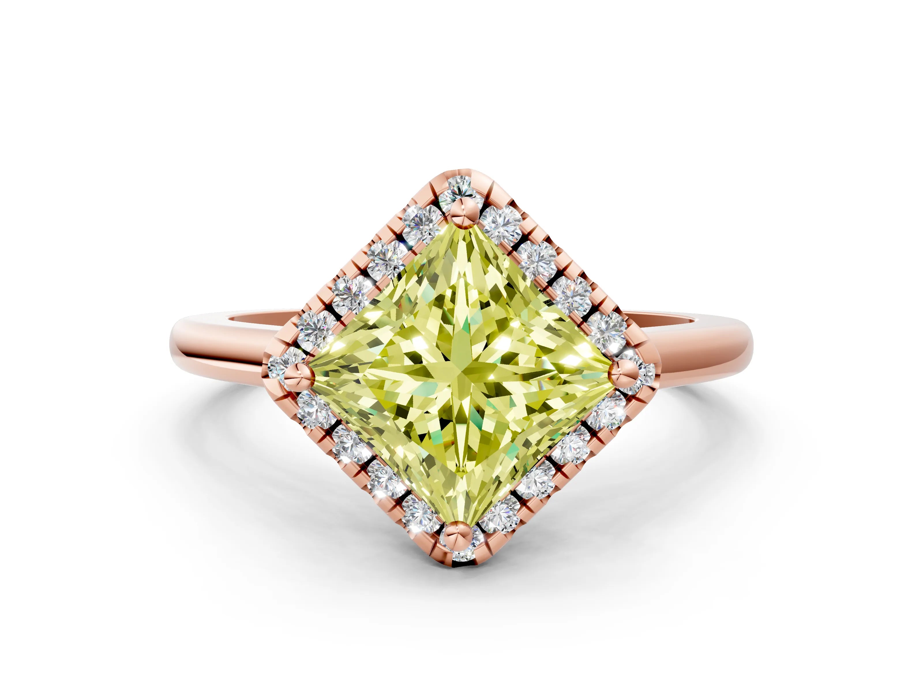 Rose gold Fancy Yellow Princess Cut Halo Round Diamond Solitaire Engagement Ring with Pave Band and Four-Prong Setting_12