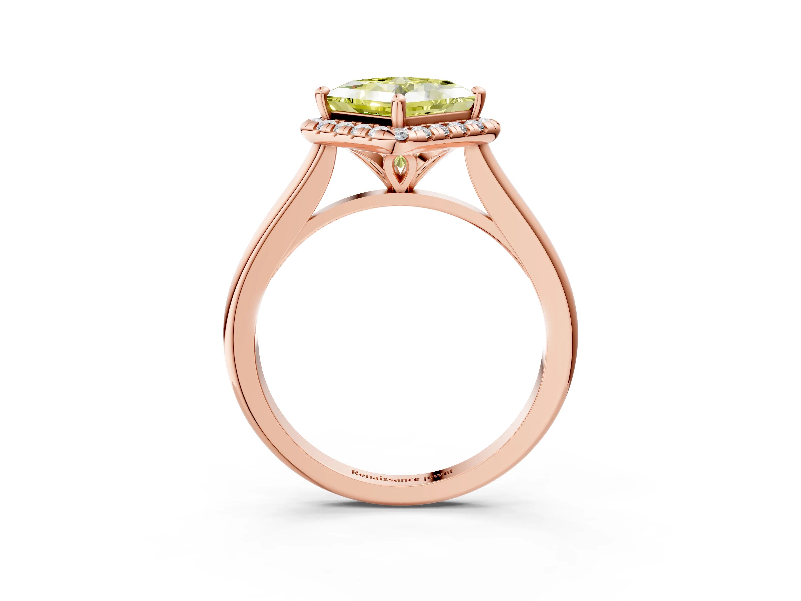 Rose gold Fancy Yellow Princess Cut Halo Round Diamond Solitaire Engagement Ring with Pave Band and Four-Prong Setting_15
