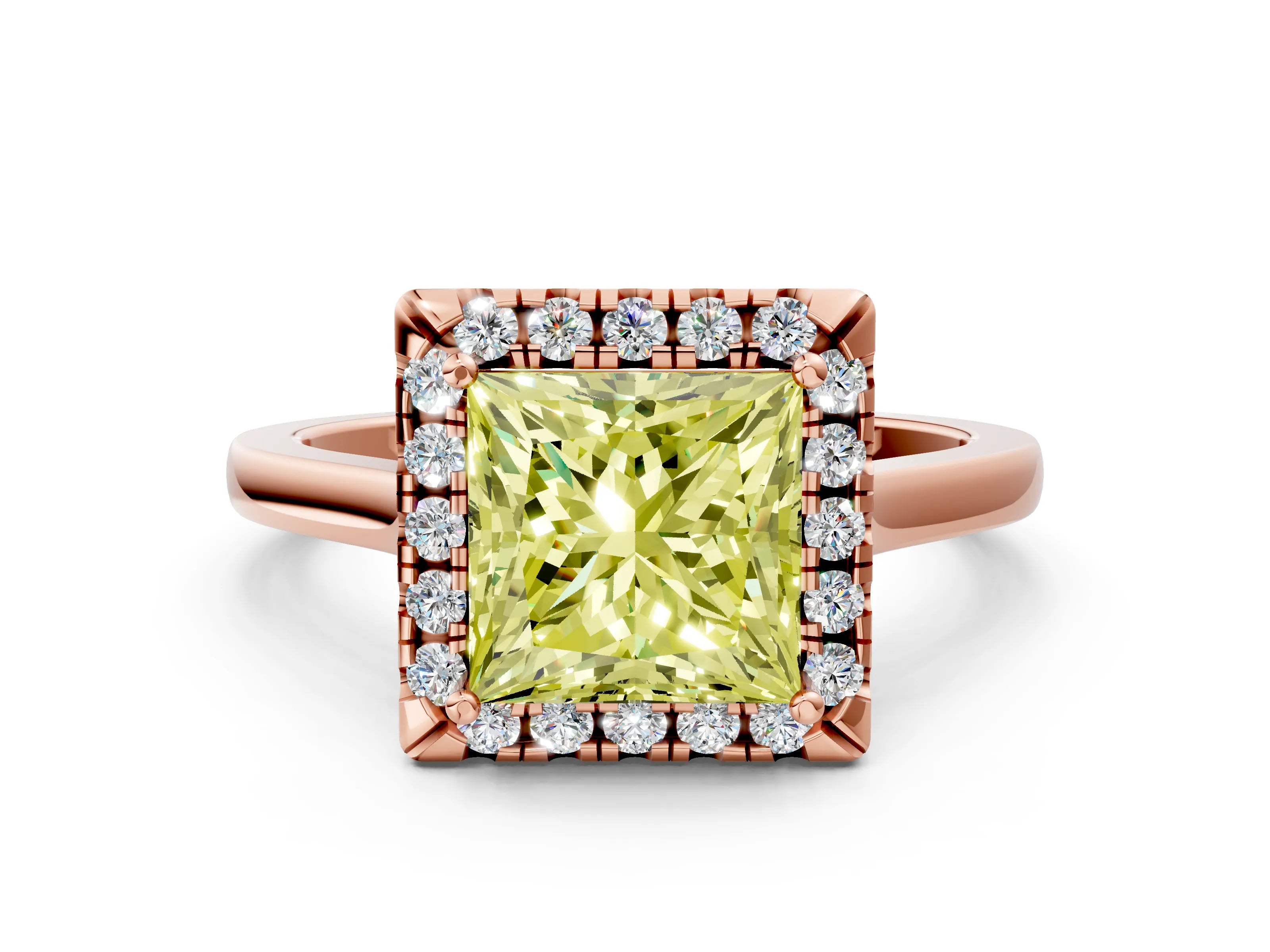Rose gold Fancy Yellow Princess Cut Halo Round Diamond Solitaire Ring with Pavé Band and Four-Prong Setting_12