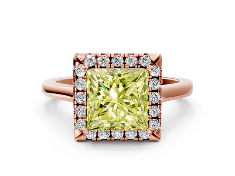 Rose gold Fancy Yellow Princess Cut Halo Round Diamond Solitaire Ring with Pavé Band and Four-Prong Setting_12