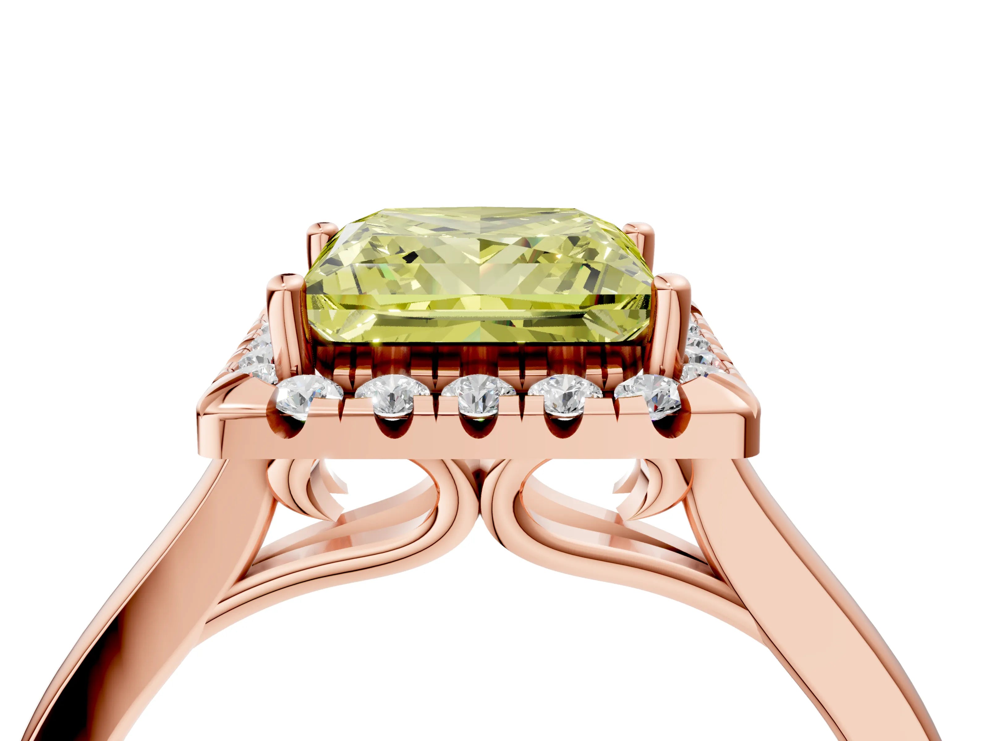 Rose gold Fancy Yellow Princess Cut Halo Round Diamond Solitaire Ring with Pavé Band and Four-Prong Setting_16