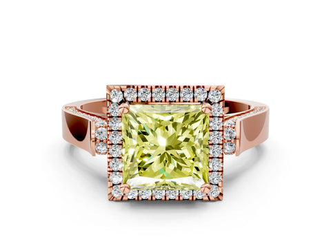 Rose gold Fancy Yellow Princess Cut Halo Round Diamond Twist Band with Four-Prong Setting
