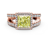 Rose gold Fancy Yellow Princess  Cut Halo Split Shank Diamond Ring with Four-Prong Setting