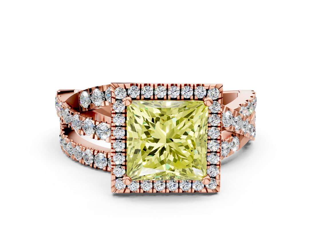 Rose gold Fancy Yellow Princess  Cut Halo Split Shank Prong Setting Ring