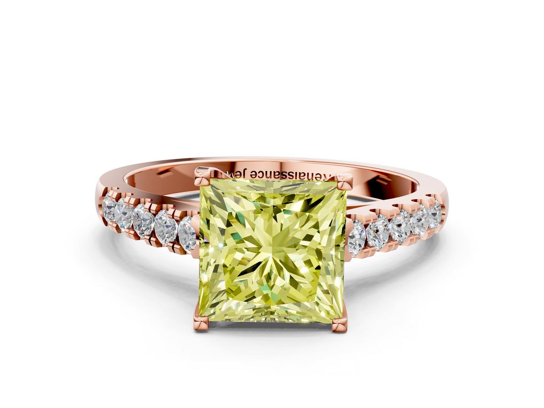 Rose gold Fancy Yellow Princess  Cut Pavé Band Solitaire Ring with Four-Prong Setting
