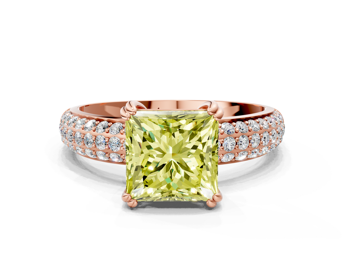 Rose gold Fancy Yellow Princess  Cut Pave Diamond Engagement Ring with Channel Set Band and Four-Prong Setting