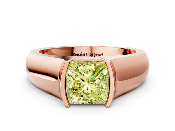 Rose gold Fancy Yellow Princess Cut Solitaire Bezel Set Diamond Ring with Wide Band