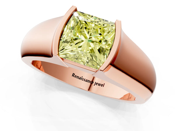 Rose gold Fancy Yellow Princess Cut Solitaire Bezel Set Diamond Ring with Wide Band