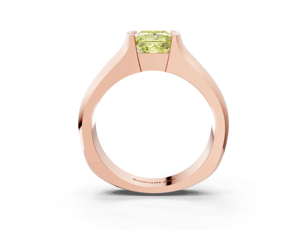 Rose gold Fancy Yellow Princess Cut Solitaire Bezel Set Diamond Ring with Wide Band