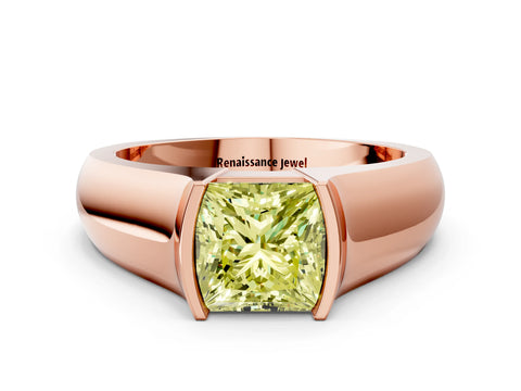 Rose gold Fancy Yellow Princess Cut Solitaire Bezel Set Diamond Ring with Wide Band