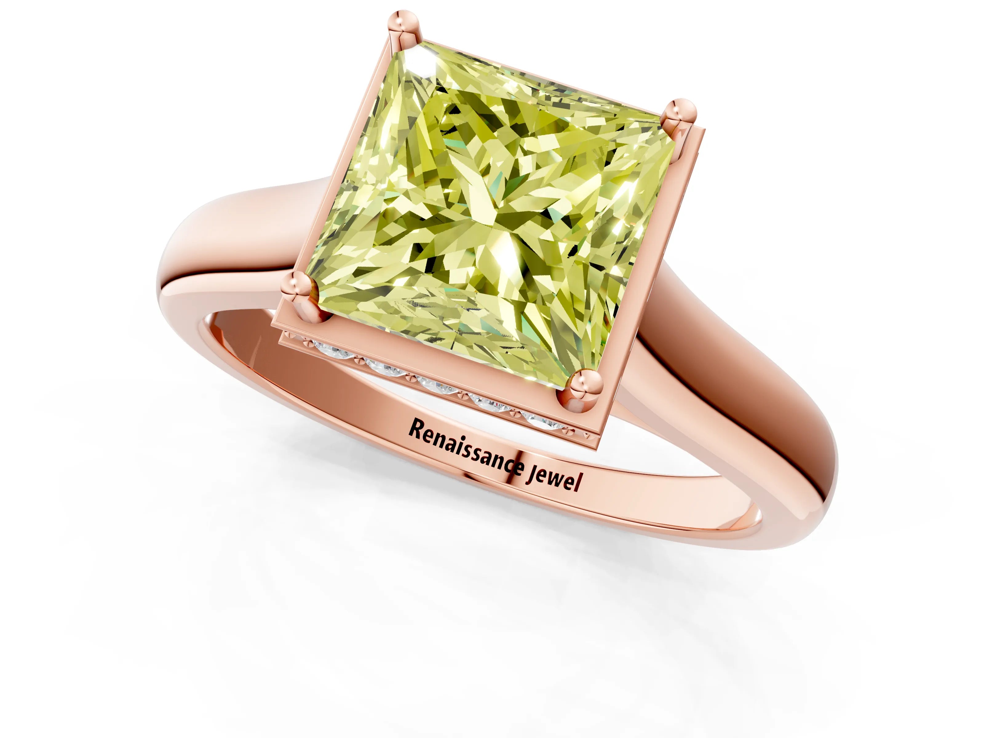 Rose gold Fancy Yellow Princess Cut Solitaire Diamond Engagement Ring with Four-Prong Setting and Tapered Band_1