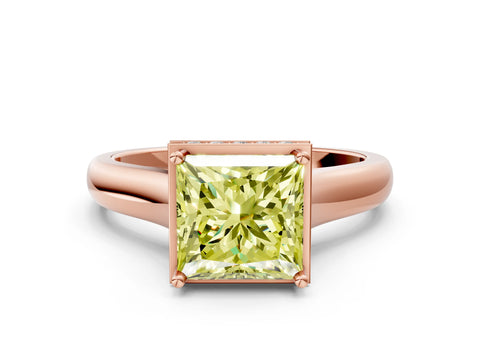 Rose gold Fancy Yellow Princess Cut Solitaire Diamond Engagement Ring with Four-Prong Setting and Tapered Band