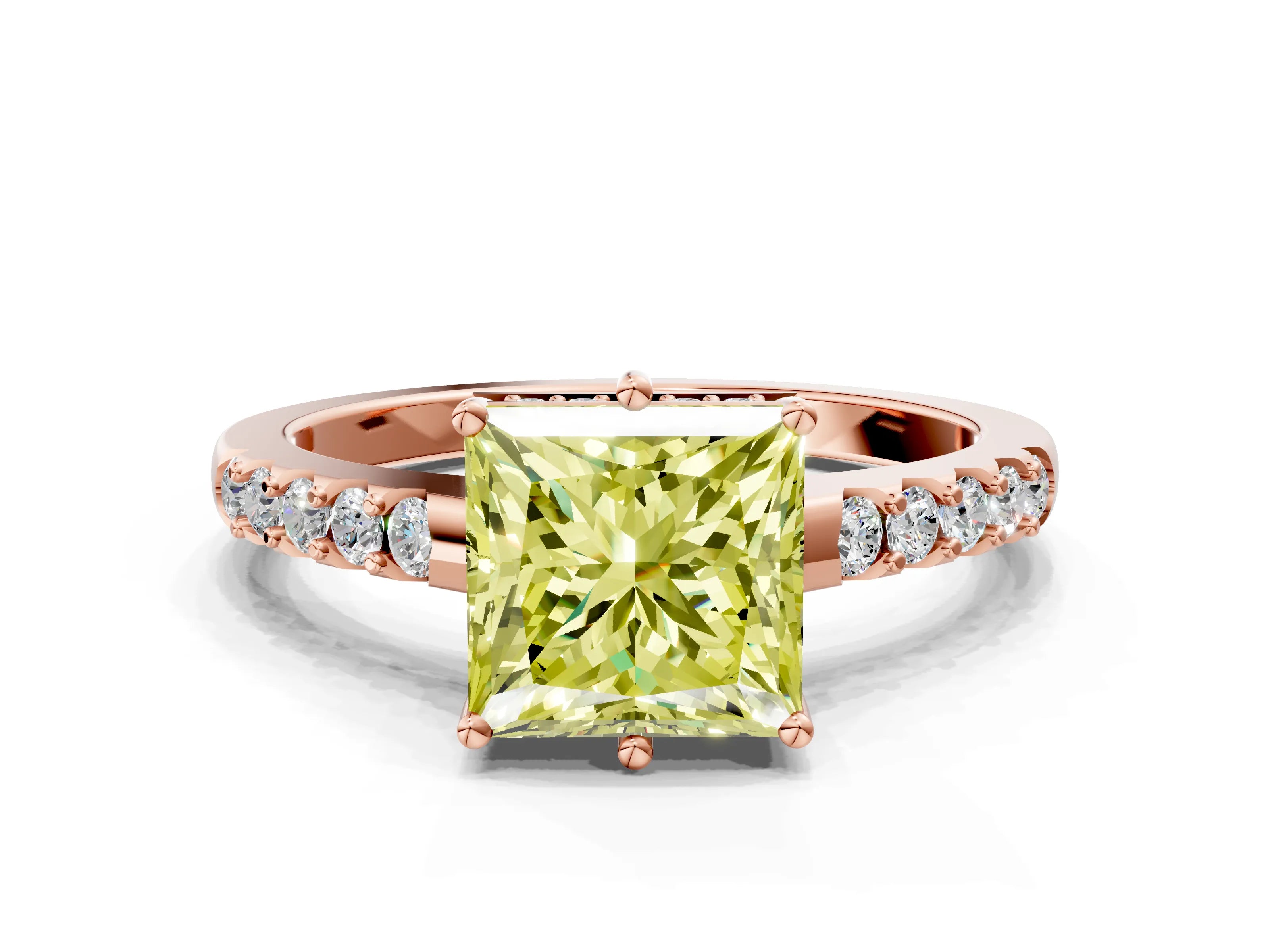Rose gold Fancy Yellow Princess Cut Solitaire Diamond Engagement Ring with Pavé Band and Six-Prong Setting_12