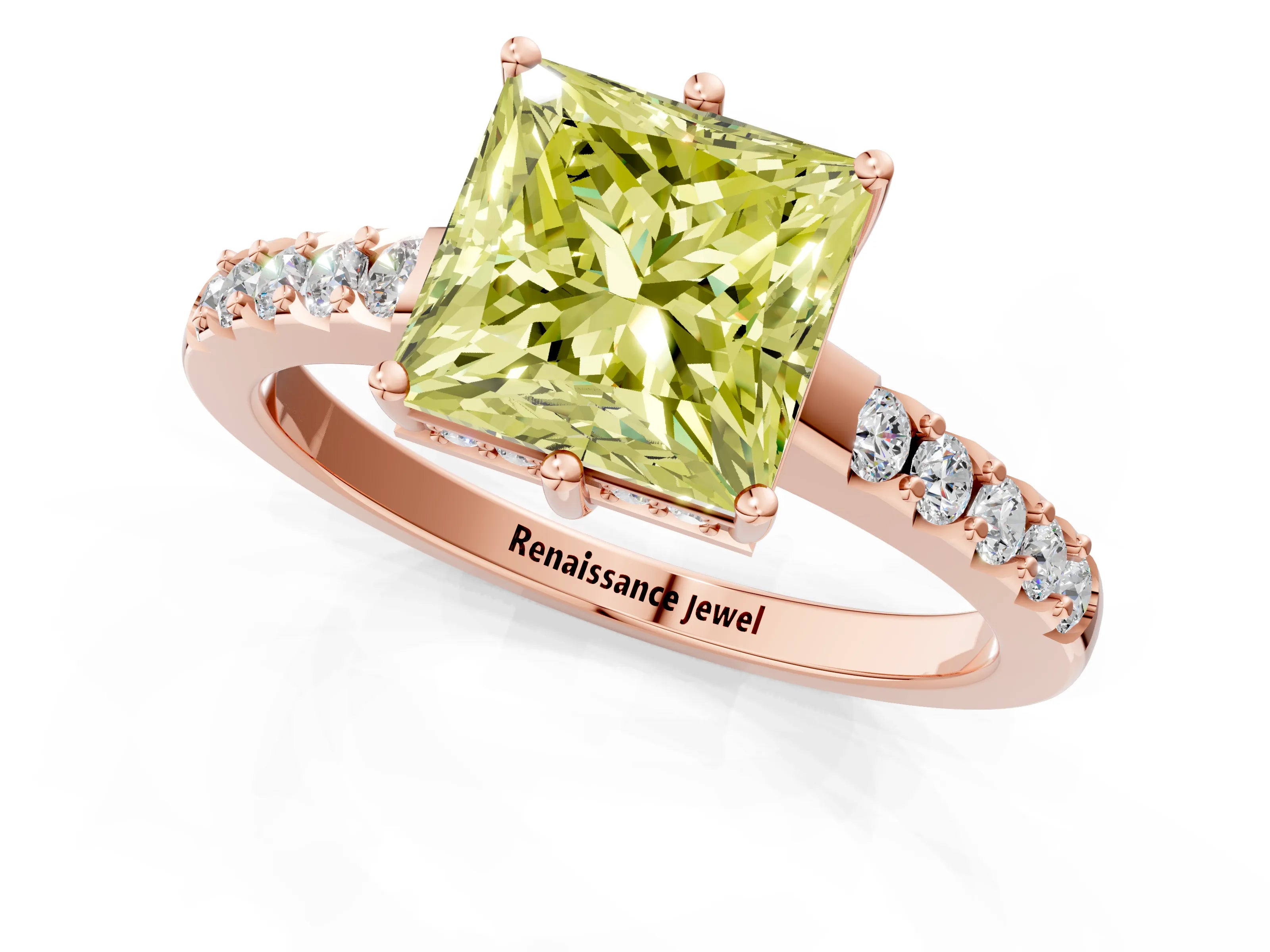 Rose gold Fancy Yellow Princess Cut Solitaire Diamond Engagement Ring with Pavé Band and Six-Prong Setting_13
