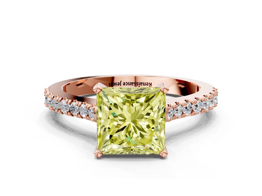 Rose gold Fancy Yellow Princess  Cut Solitaire Diamond Engagement Ring with Pave Band and Four-Prong Setting