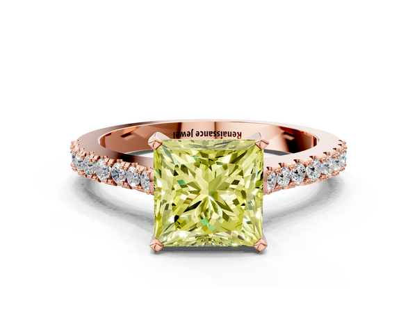 Rose gold Fancy Yellow Princess  Cut Solitaire Diamond Engagement Ring with Pave Band and Four-Prong Setting