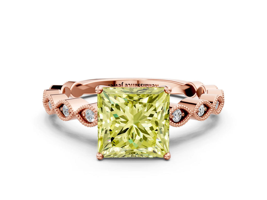 Rose gold Fancy Yellow Princess Cut Solitaire Diamond Ring with Infinity Twist Band and Four-Prong Setting
