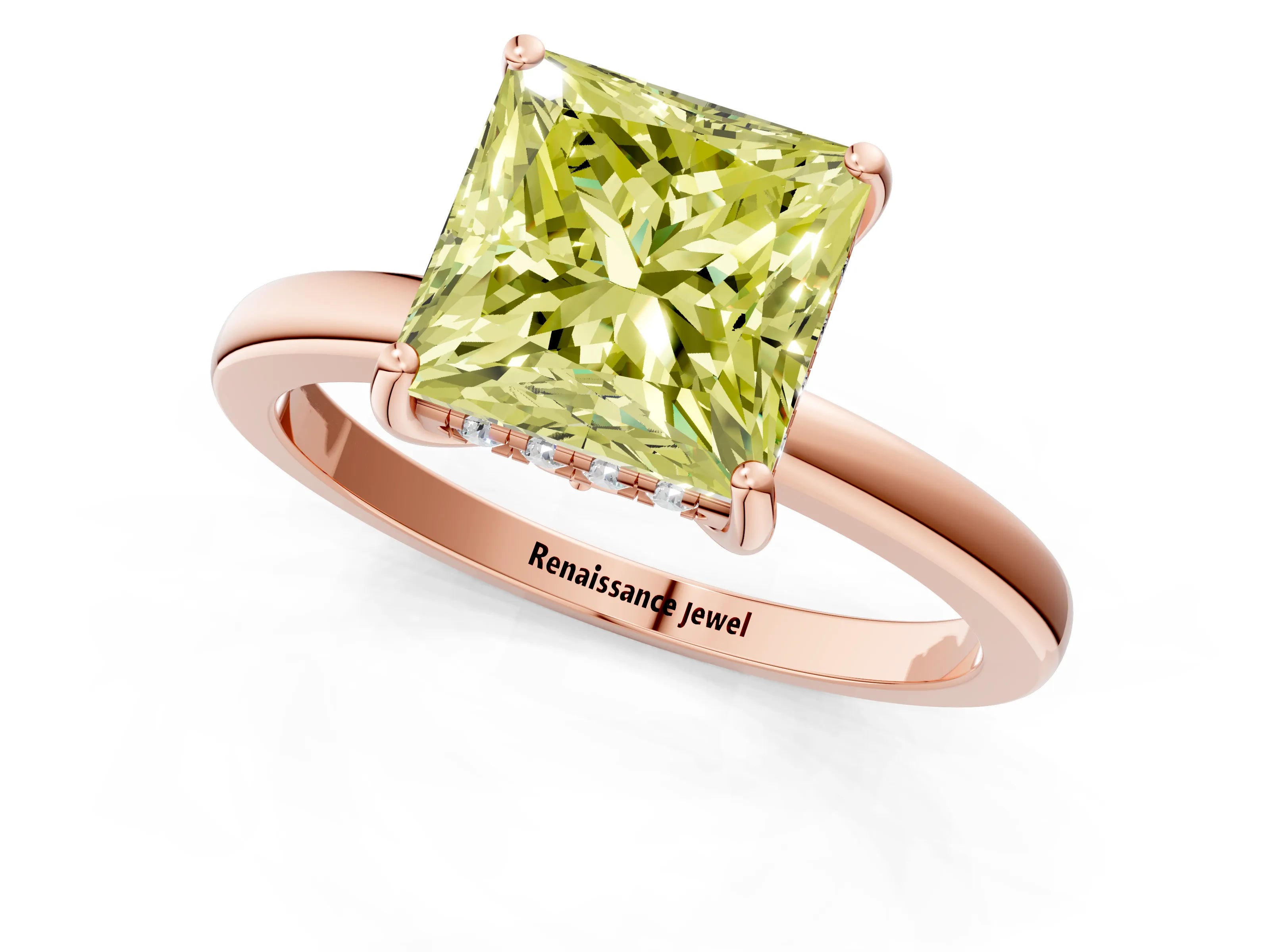 Rose gold Fancy Yellow Princess Cut Solitaire Diamond Ring with Prong Setting and Plain Band_1