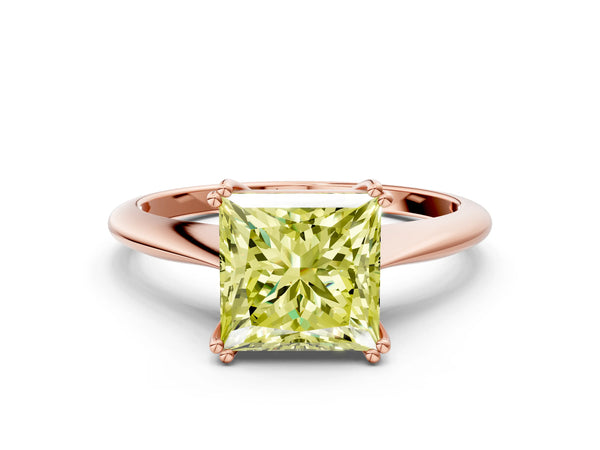 Rose gold Fancy Yellow Princess Cut Solitaire Diamond Ring with Six-Prong Setting and Classic Band