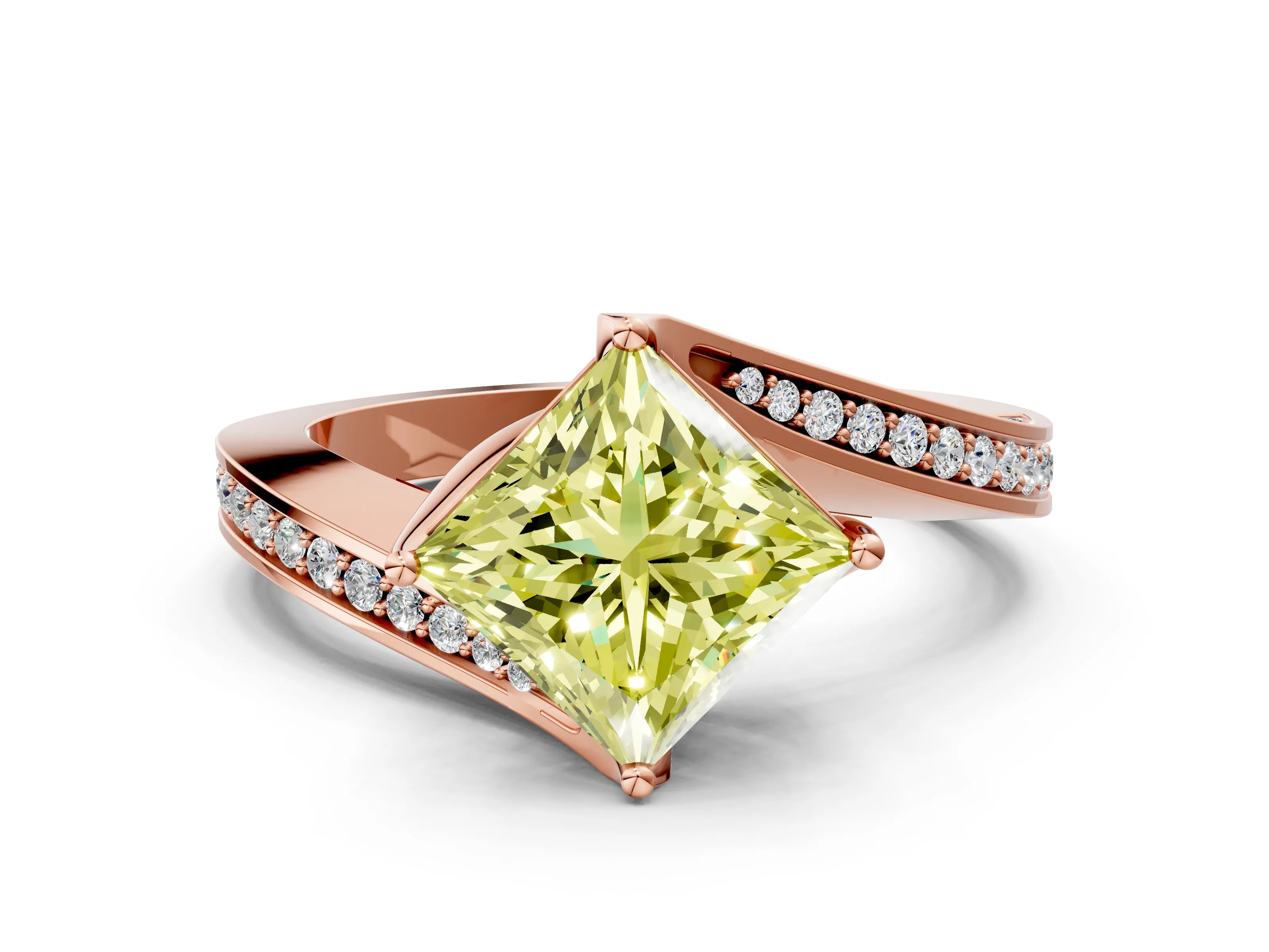Rose gold Fancy Yellow Princess Cut Solitaire Diamond Twist Band with Pavé Setting and Four-Prong Setting