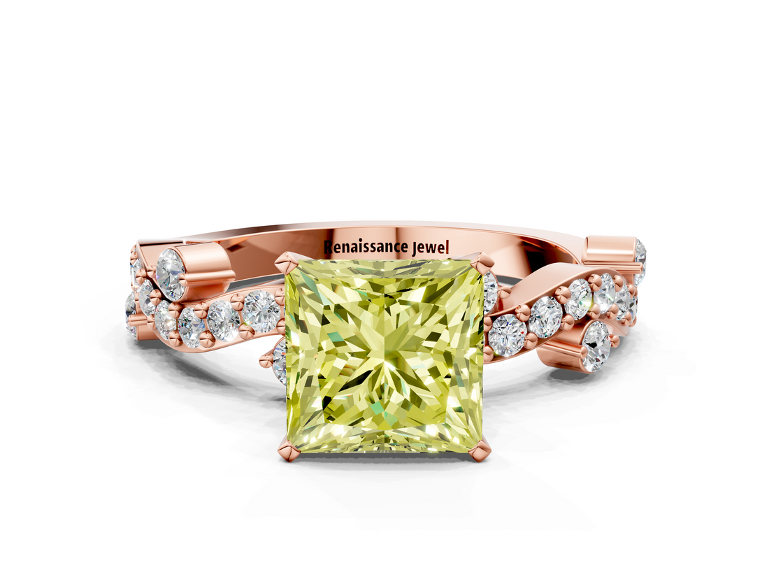 Rose gold Fancy Yellow Princess  Cut Solitaire Diamond Twisted Band with Pave Setting