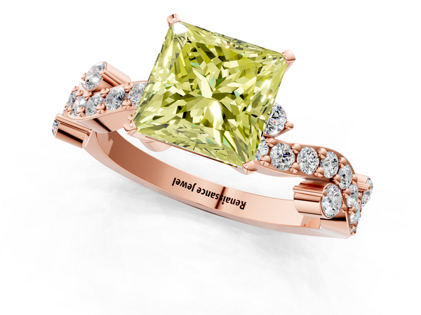 Rose gold Fancy Yellow Princess  Cut Solitaire Diamond Twisted Band with Pave Setting