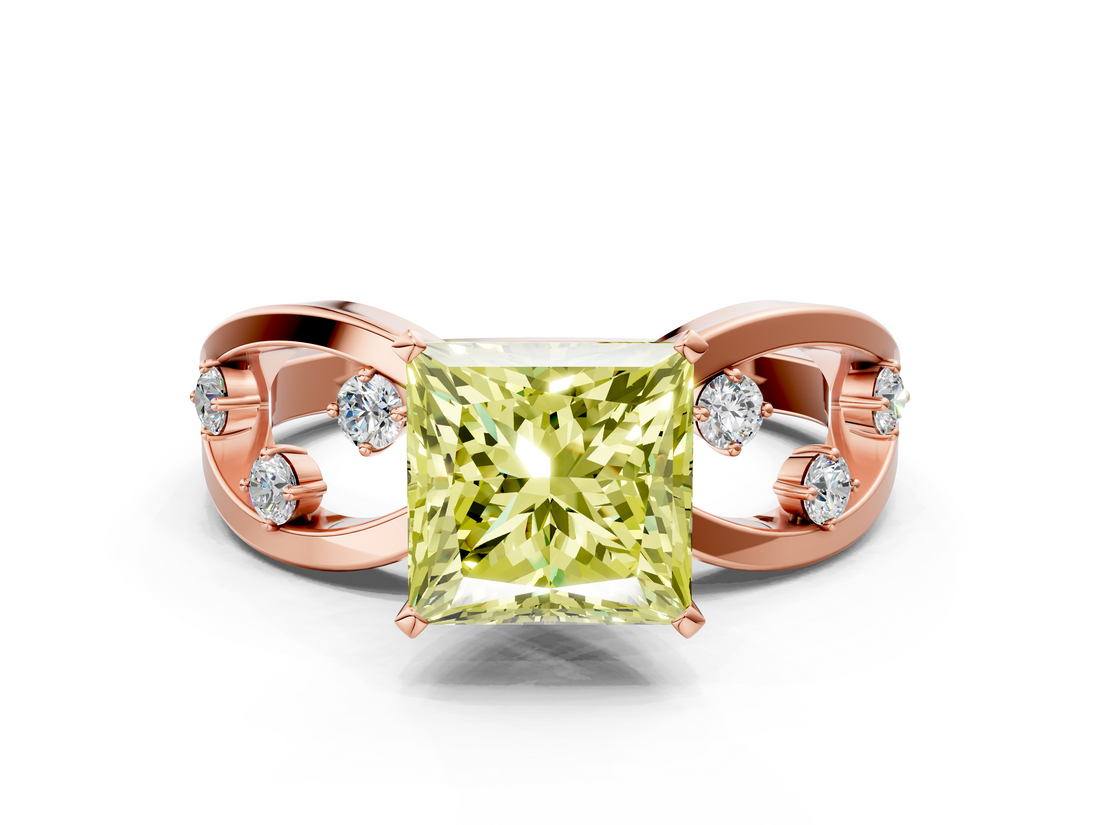 Rose gold Fancy Yellow Princess  Cut Solitaire Diamond with Side Stones on Criss-Cross Band and Four-Prong Setting