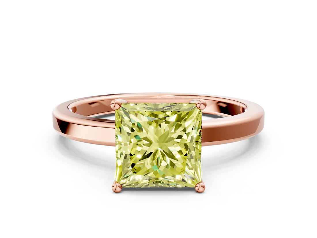 Rose gold Fancy Yellow Princess  Cut Solitaire Engagement Ring with Four-Prong Setting on a Classic Band
