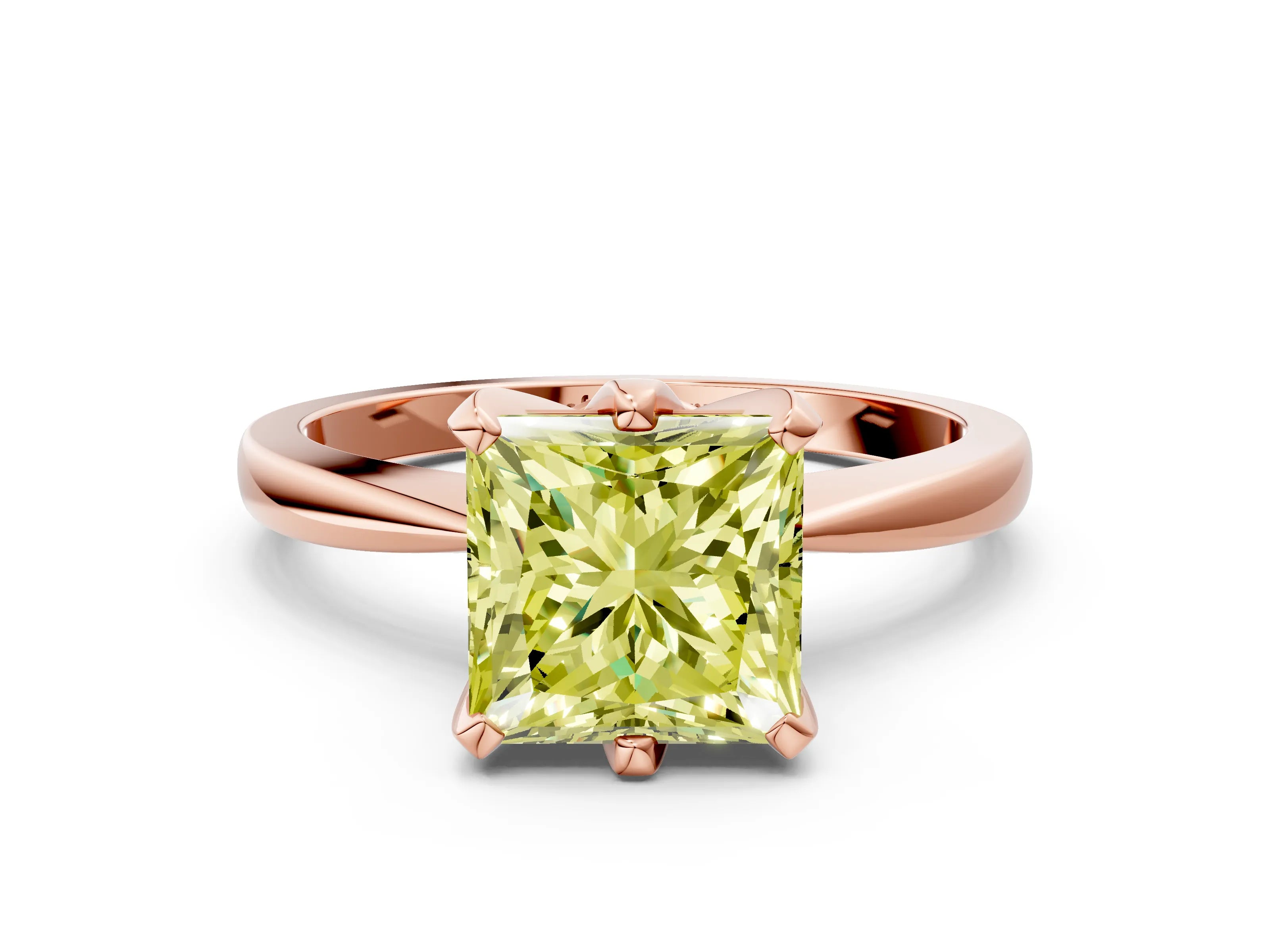 Rose gold Fancy Yellow Princess Cut Solitaire Engagement Ring with Six-Prong Setting and Tapered Band
