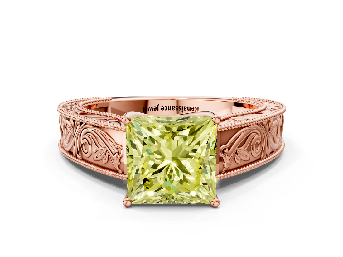 Rose gold Fancy Yellow Princess  Cut Solitaire Engraved Band with Four-Prong Setting