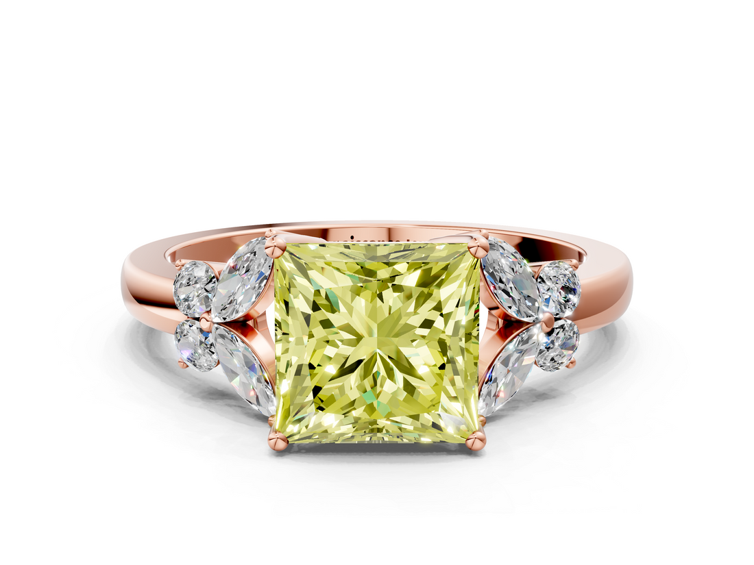 Rose gold Fancy Yellow Princess  Cut Solitaire Floral Diamond Ring with Four-Prong Setting