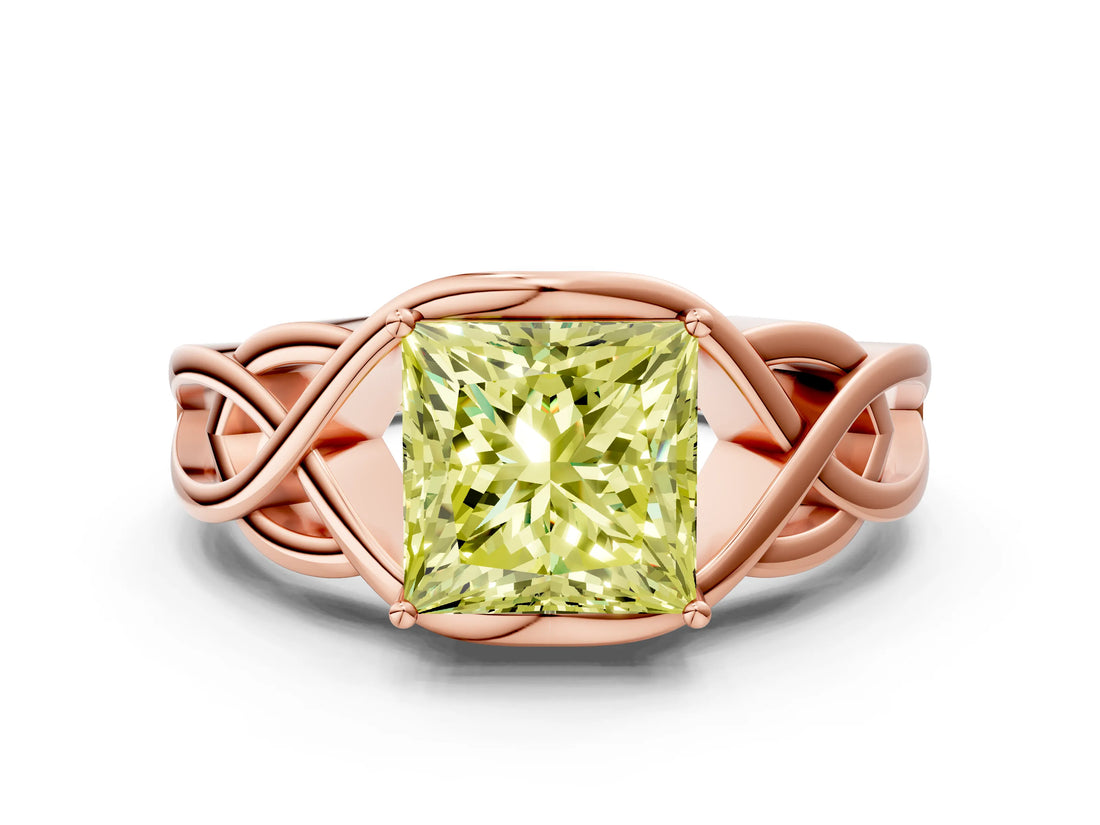 Rose gold Fancy Yellow Princess Cut Solitaire Intertwined Band Prong Setting Ring