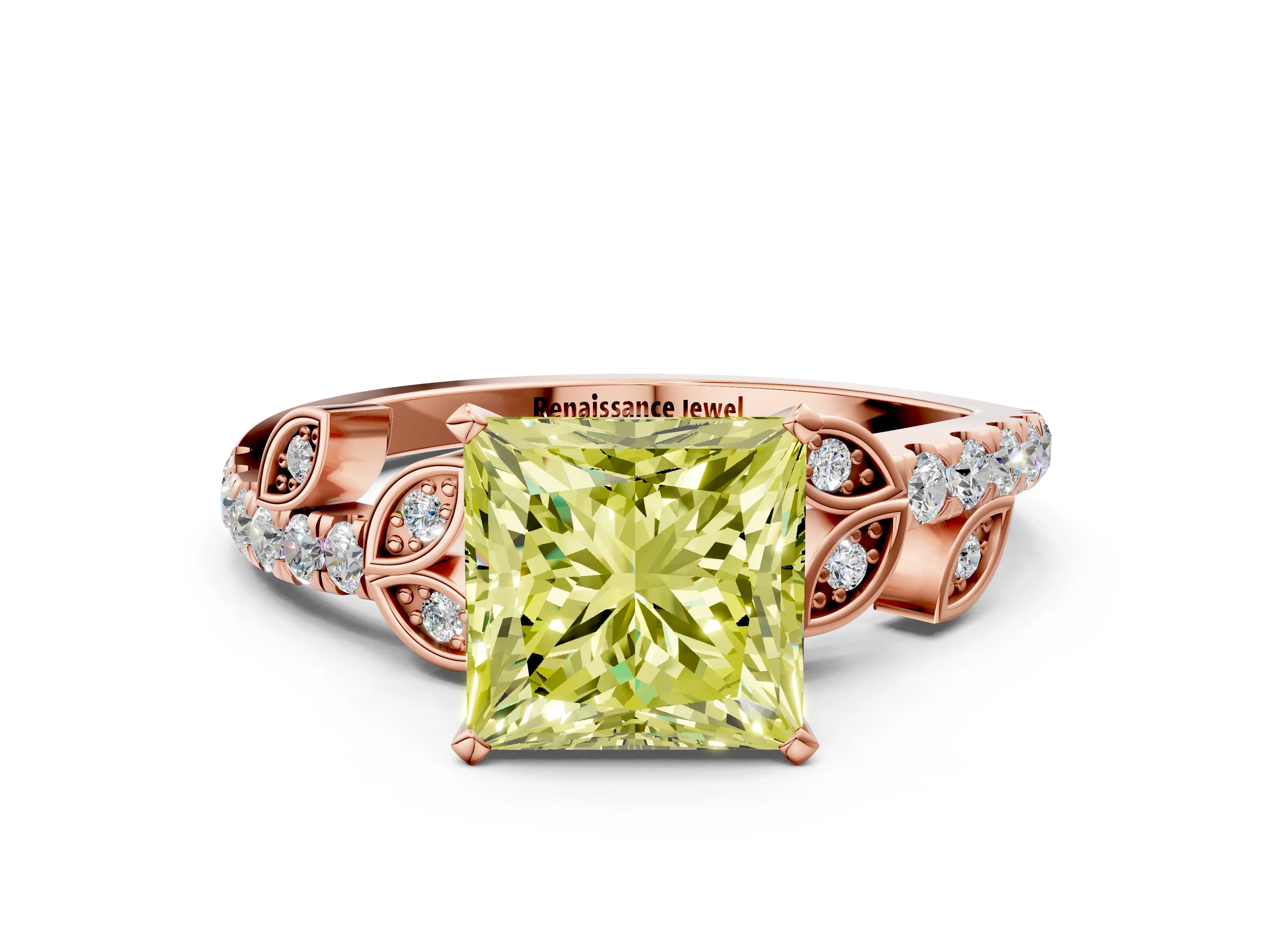 Rose gold Fancy Yellow Princess Cut Solitaire Leaf-Inspired Diamond Ring with Pavé Band and Four-Prong Setting