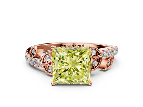 Rose gold Fancy Yellow Princess Cut Solitaire Leaf-Inspired Diamond Ring with Pavé Band and Four-Prong Setting