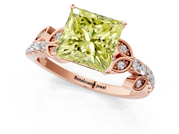 Rose gold Fancy Yellow Princess Cut Solitaire Leaf-Inspired Diamond Ring with Pavé Band and Four-Prong Setting