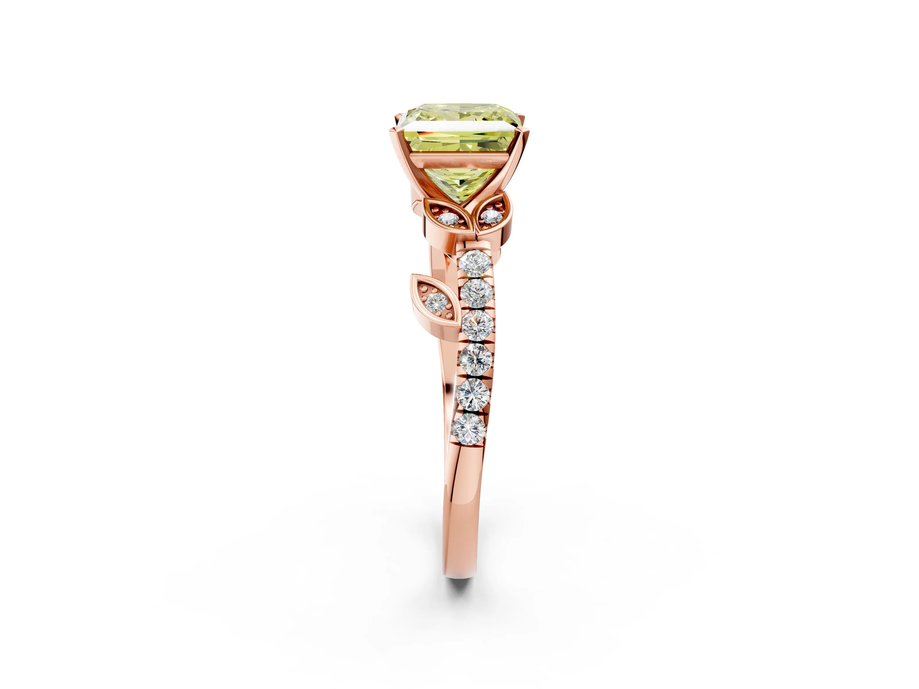 Rose gold Fancy Yellow Princess Cut Solitaire Leaf-Inspired Diamond Ring with Pavé Band and Four-Prong Setting_2