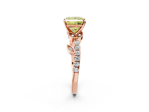 Rose gold Fancy Yellow Princess Cut Solitaire Leaf-Inspired Diamond Ring with Pavé Band and Four-Prong Setting