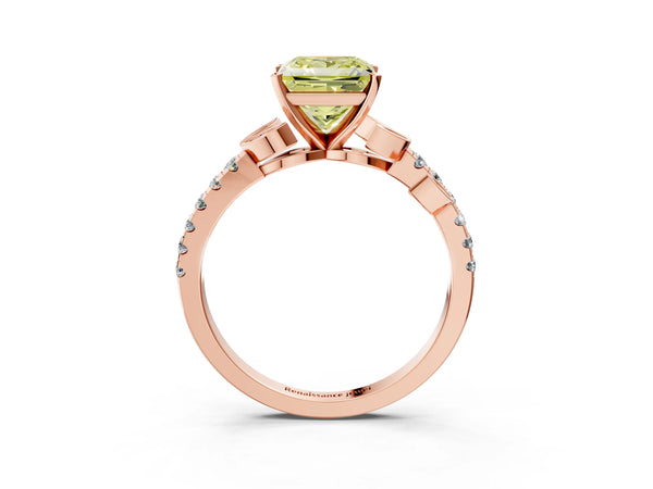 Rose gold Fancy Yellow Princess Cut Solitaire Leaf-Inspired Diamond Ring with Pavé Band and Four-Prong Setting