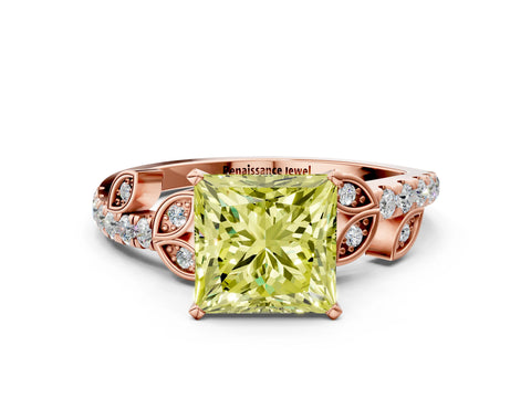Rose gold Fancy Yellow Princess Cut Solitaire Leaf-Inspired Diamond Ring with Pavé Band and Four-Prong Setting