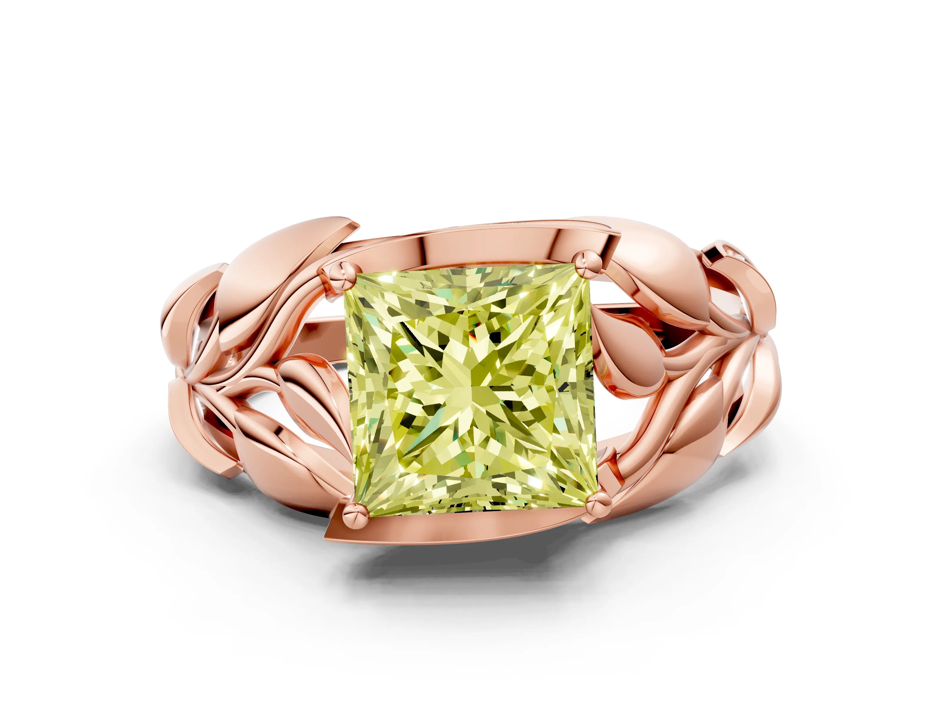 Rose gold Fancy Yellow Princess Cut Solitaire Leaf-Inspired Engagement Ring with Prong Setting