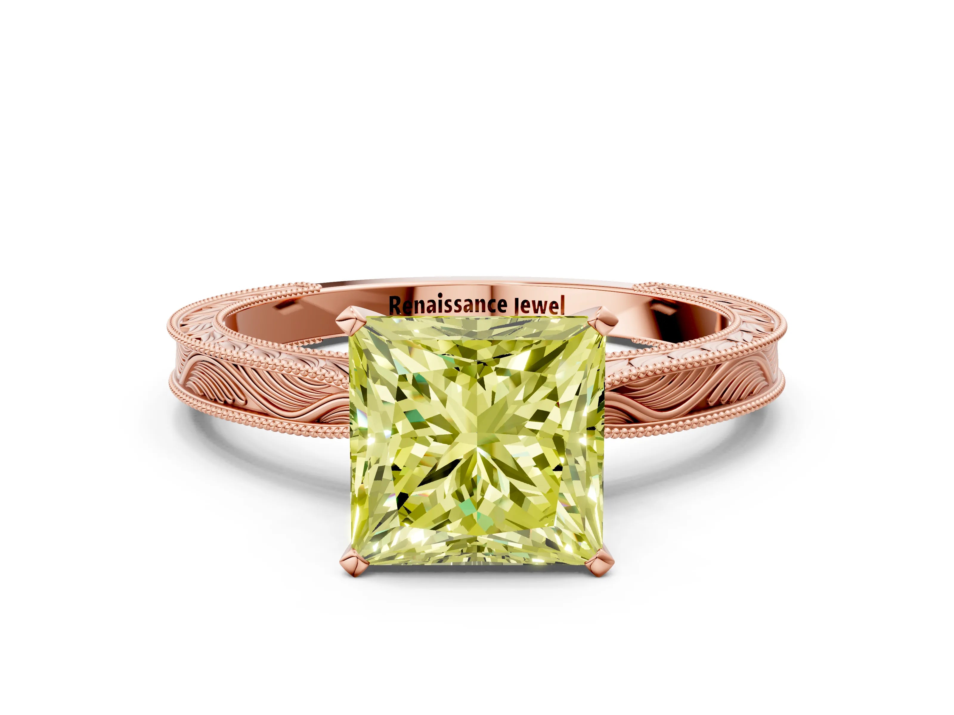Rose gold Fancy Yellow Princess Cut Solitaire Milgrain Engraved Band with Four-Prong Setting