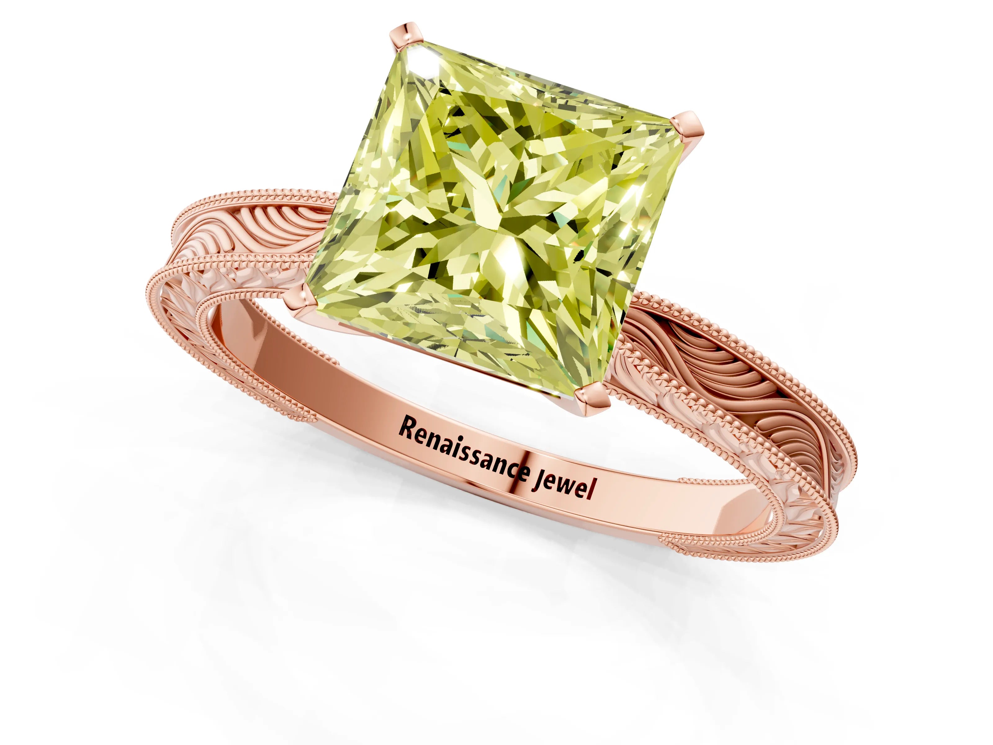 Rose gold Fancy Yellow Princess Cut Solitaire Milgrain Engraved Band with Four-Prong Setting_1