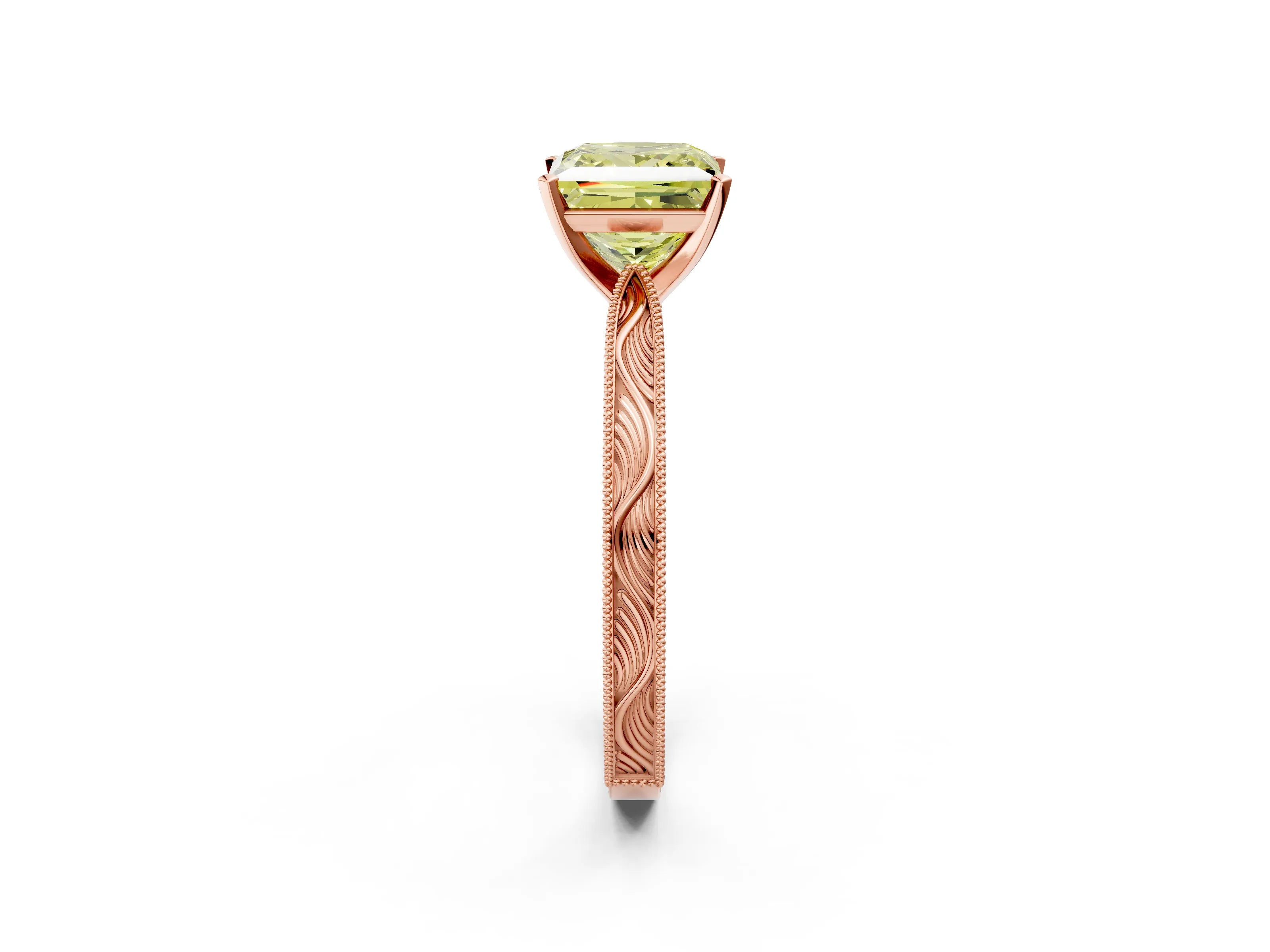 Rose gold Fancy Yellow Princess Cut Solitaire Milgrain Engraved Band with Four-Prong Setting_2
