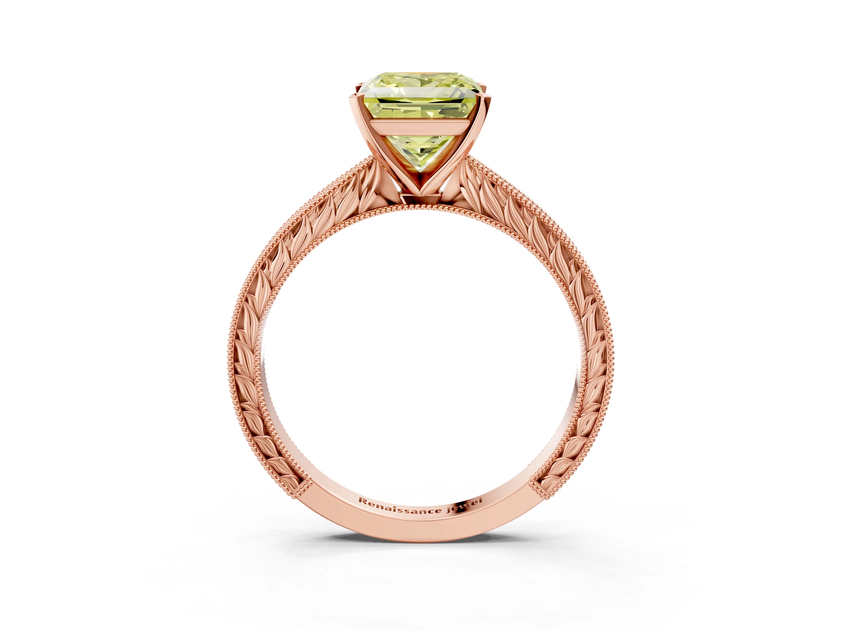Rose gold Fancy Yellow Princess Cut Solitaire Milgrain Engraved Band with Four-Prong Setting_3