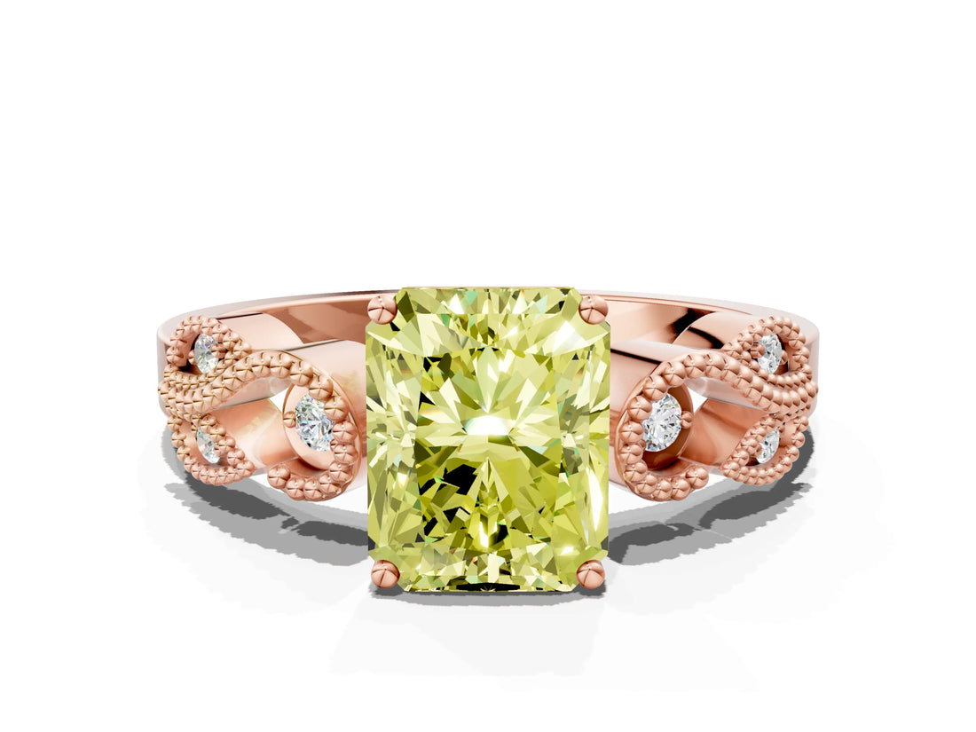 Rose gold Fancy Yellow Princess Cut Solitaire Milgrain Leaf Band with Prong Setting