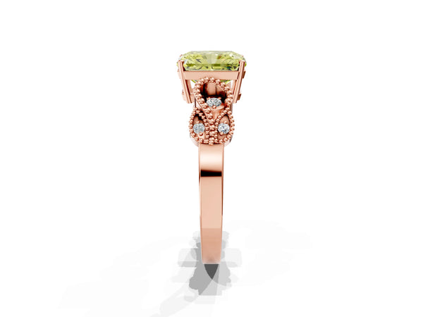 Rose gold Fancy Yellow Princess Cut Solitaire Milgrain Leaf Band with Prong Setting