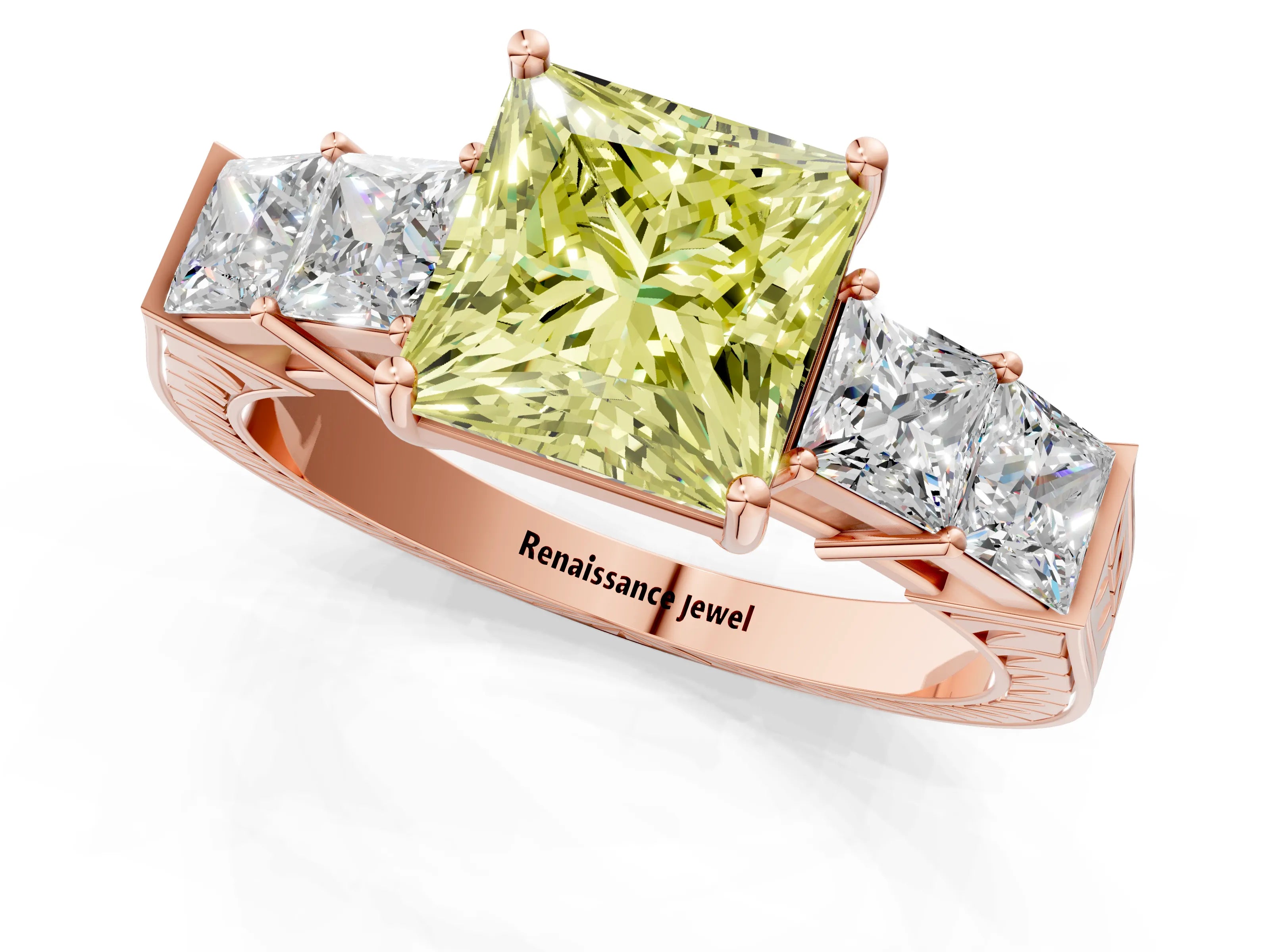 Rose gold Fancy Yellow Princess Cut Solitaire Princess Side Stone Engraved Band Prong Setting Ring_1