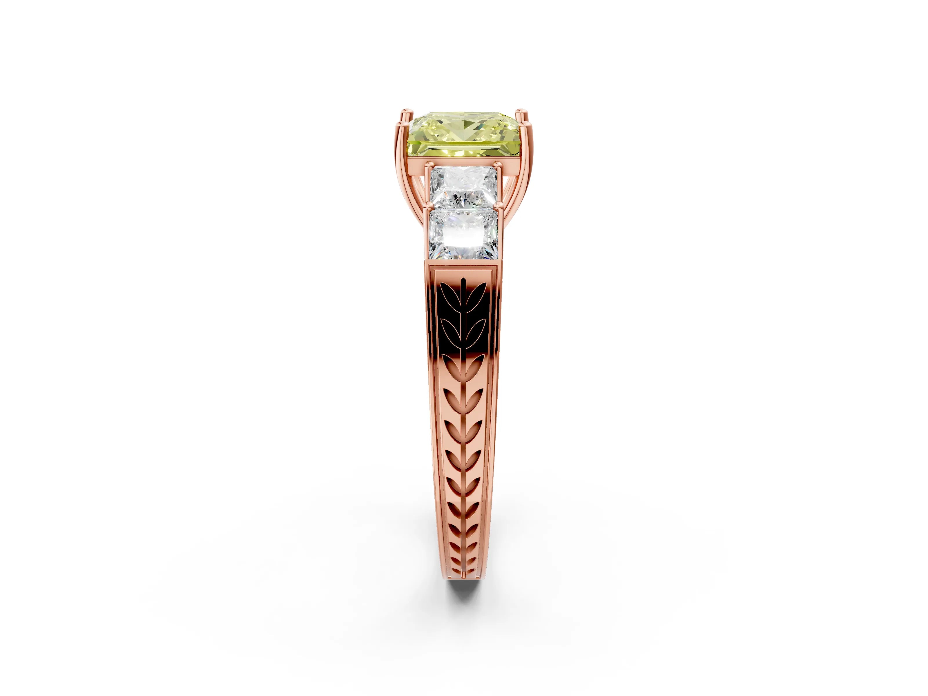 Rose gold Fancy Yellow Princess Cut Solitaire Princess Side Stone Engraved Band Prong Setting Ring_2