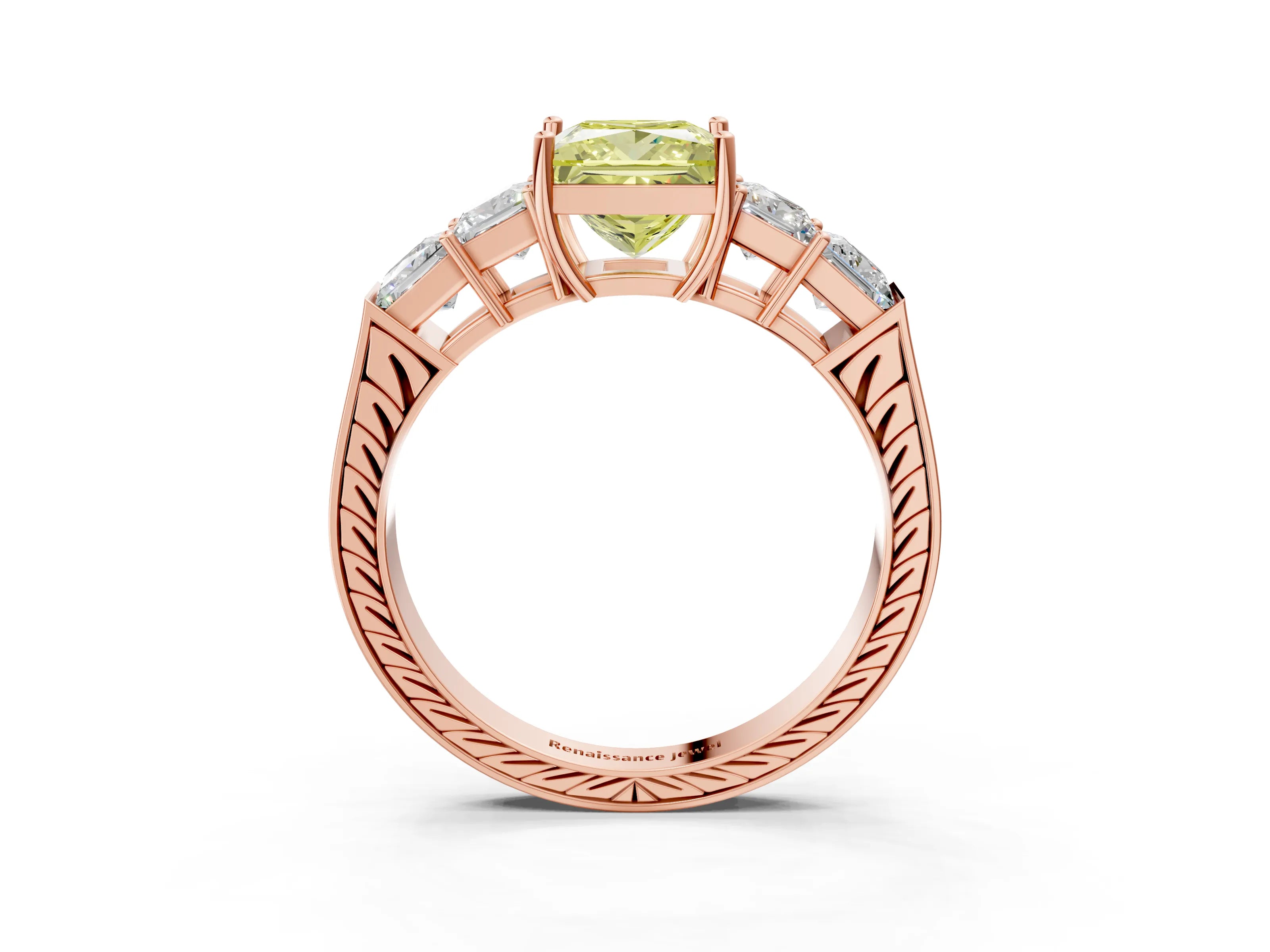 Rose gold Fancy Yellow Princess Cut Solitaire Princess Side Stone Engraved Band Prong Setting Ring_3